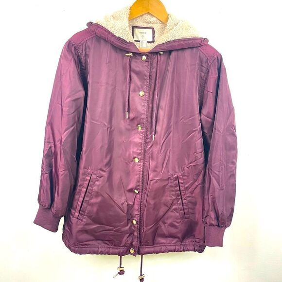 Burgundy Sherpa lined hooded anorak,windbreaker utility Jacket Small Forever21 - Picture 3 of 6